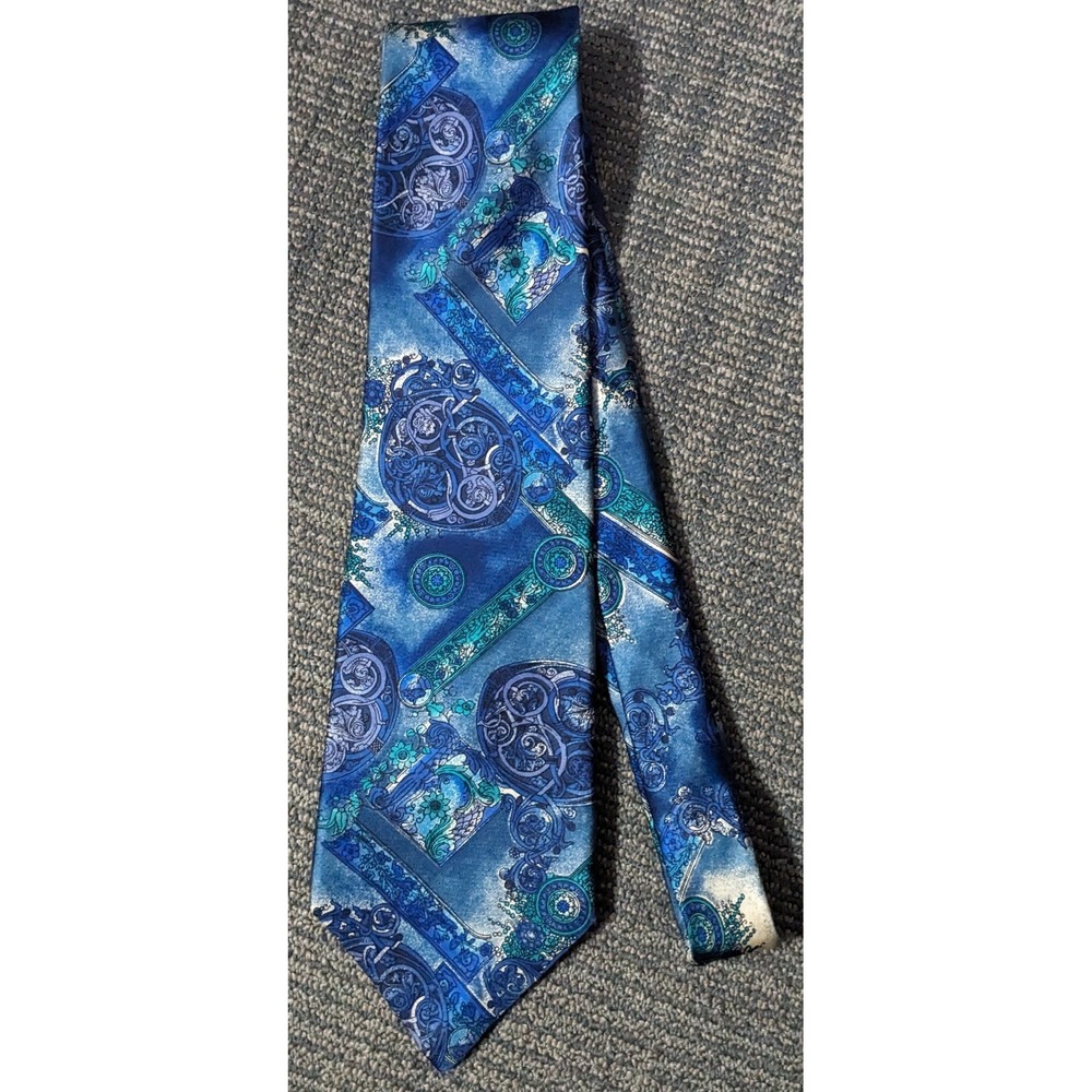 CORSINI Men's 100% Silk Tie Blue Floral Scroll Pattern Necktie‎ Made In Canada